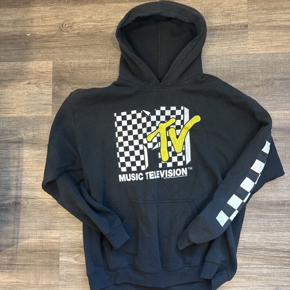 MTV Unisex Size M Pullover Hoodie Sweatshirt Black Logo & Check 90's Design